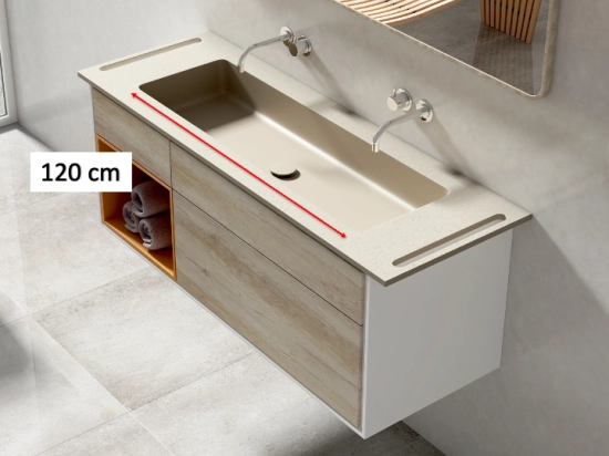 Plan vasque lavabo sur mesure : L 130 à 201 x P 40 à 51 cm, finition lisse mate, 10 couleurs au choix, Anti bactérien, résine Akrytan® teinté dans la masse, Livraison Offerte.